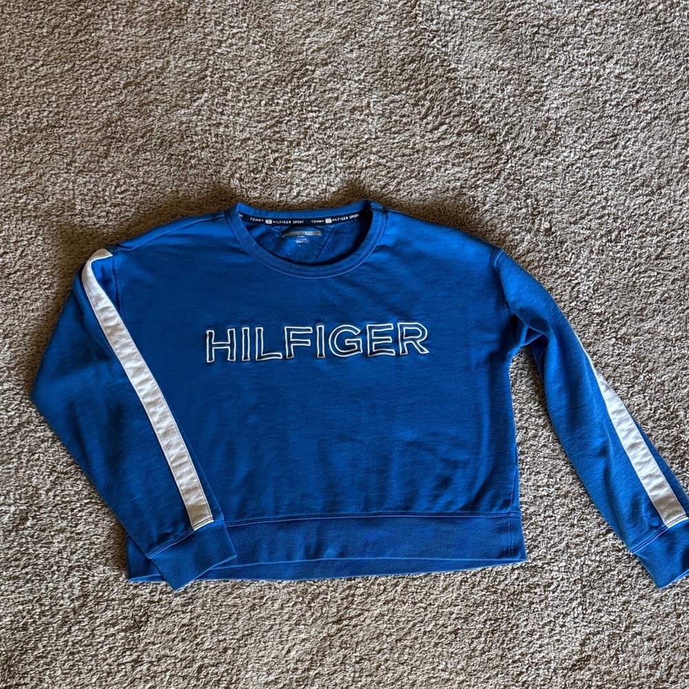 Tommy Hilfiger Blue Crewneck Sweater with White Sleeve Stripes